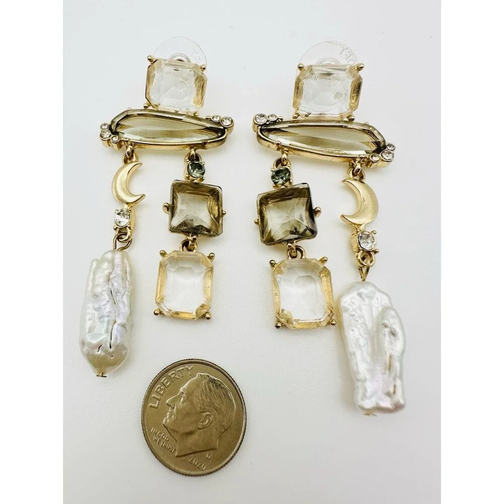 Gold Tone Crystal Baroque Pearl Statement Earrings